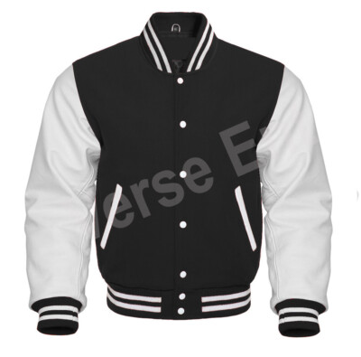 Varsity Letterman  Black Wool Body & White Leather Sleeves Bomber Jacket
