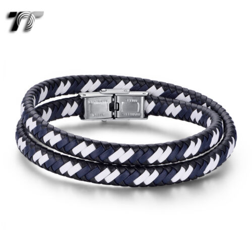 TT Mixed Black Blue Leather Double Row 316L S.Steel Clip Bracelet (BR296 NEW - Picture 1 of 1
