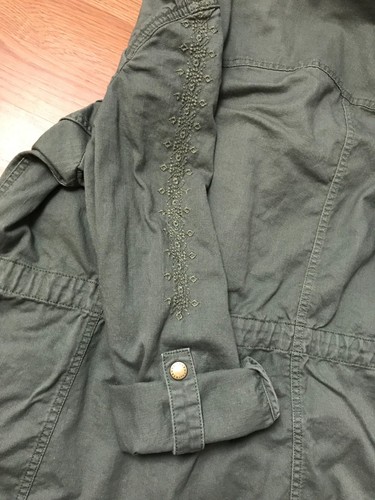Talbots Utility Jacket Womens M Green Embroidered Full Zip Snap Roll Up Tab - Picture 10 of 11