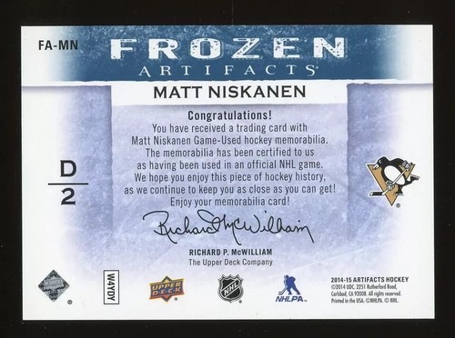 2014-15 UD Hockey Frozen Artifacts Matt Niskanen Penguins Dual Patch - Picture 2 of 2