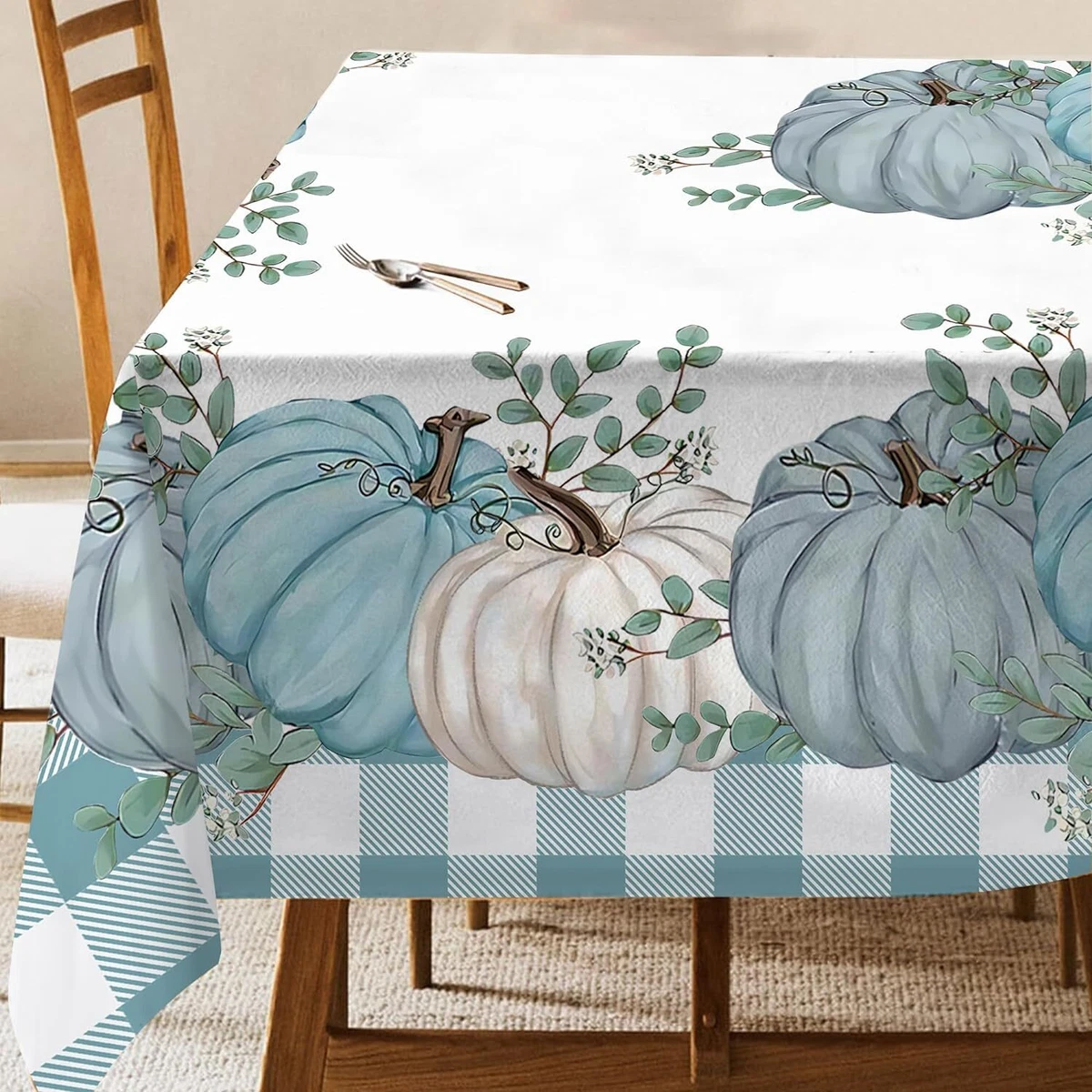Pinata Fall Tablecloth Teal Buffalo Plaid Pumpkins Table Cloth