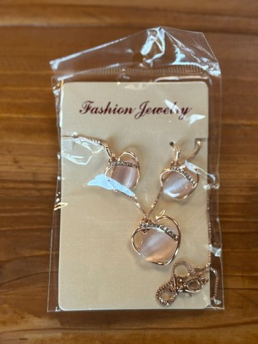 Rose Gold Necklace & Earrings Set With Pink Stone & Rhinestones - Picture 2 of 4
