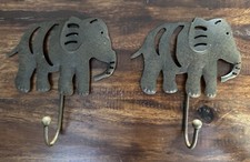 Elephant Metal Wall Mount Hooks Key Rustic Brown Set of 2 Animal Safari Hat Coat