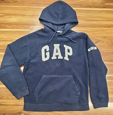 Vintage Gap Y2k Fleece Hoodie Athletic Spell Out Sweatshirt Size Small Navy Blue