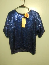 ROYAL FEELINGS shiny metallic blue blouse! Size Large