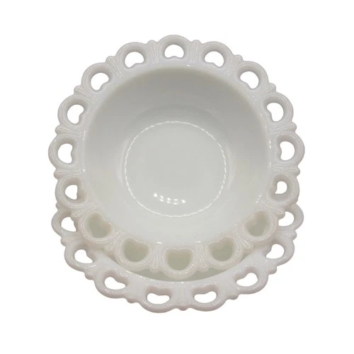 Set of 2 Vintage Milk Glass Bowls Lace Edge Heart Cutout Candy Dish