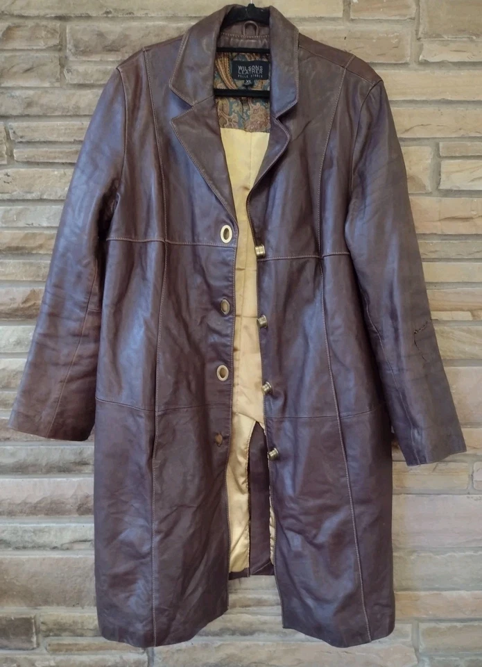 Pelle Studio Brown Leather Button Up Mid Length Trench Jacket Thinsulate Sz XL - Image 2 of 4