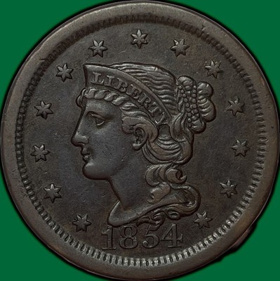 1854 Braided Hair Large Cent Almost Uncirculated AU Coin, Minor