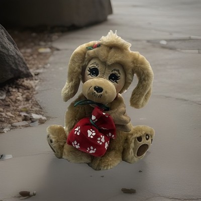 Medium Beige Dog Plush Stuffed Animal with Red Paw Print Bag Green Ribbon
