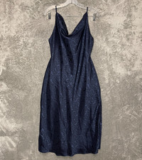 Lulus Women Your My Type Blush Satin Jacquard Midi Slip Dress L Blue Thigh Slit