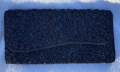 VTG Black Beaded Bag Clutch Hand Made Emson Made In Hong Kong