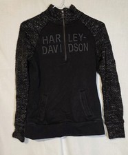 Harley Davidson Black Women&rsquo;s SPELL OUT 1/4 Zip w Knit Sleeved  Sweater SZ M