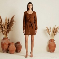 Vintage Mini Jumper Dress Brown Mohair Blend Fitted Scoop Neck Long Sleeve S