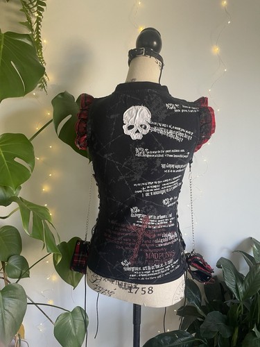 Vintage 90s Y2k Goth Mad Punks Printed Plaid Chain Cuff Shirt M Gothic Tripp NYC - Picture 14 of 16