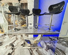 Grey Marble-Effect Rectangular Dining Table & 4 Black Swivel Bar Stools Set