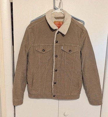 Levis Corduroy Sherpa Lined Trucker Jacket Mens Size S Tan Brown Bomber 