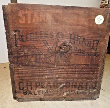 ANTIQUE WOODEN ADVERTISING CRATE ERIE PENNSYLVANIA PEERLESS BRAND CH PEARSON MD