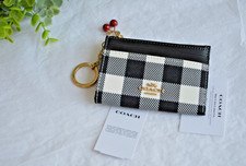 NWT Coach CFA31 Mini Skinny ID Case Gingham Black White Print Cherry Charm