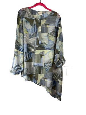 Chicos Button Down Asymetrical sz 3 XL Roll Tab Sleeve Art Print