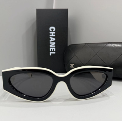 Chanel Sunglasses 6056 c.1656/53 Cat Eye Black/White Frame & Gray Lens 54-20-140