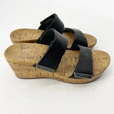 EUC Vionic Black Leather Atlantic Pepper Cork Wedge Adjustable Sandals Size US 7