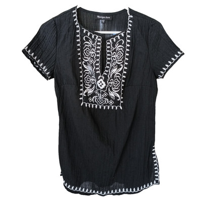 Mystique Aura Women Boho Top Short Sleeve Size S Embroidered Crinkle Black White