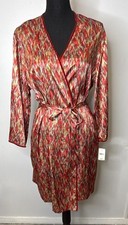 Oscar de la Renta Pink Label Satin Wrap Robe Belted V-Neck Velvet Accents S Red