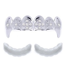 Silver Plated Hip Hop Top Fang Dracula Teeth Grillz with 2 Molding Bars L022 S