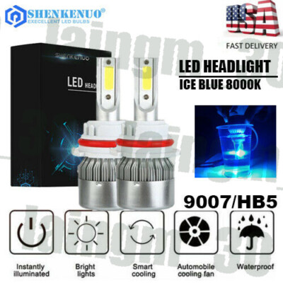 Pair 9007 HB5 car COB LED Headlight Kit Hi/Lo Power Bulbs Ice Blue 8000K HID