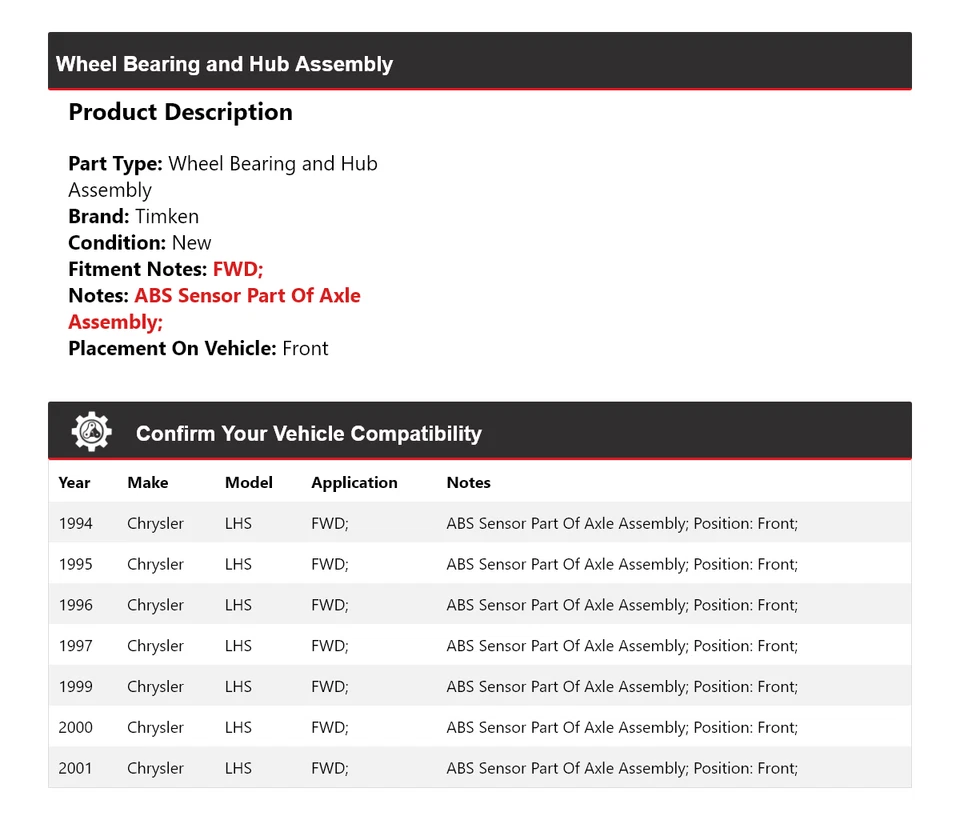 Conjunto de cojinete de rueda y buje delantero Timken para Chrysler LHS 1994-97, 1999-2001 Foto 2 de 4
