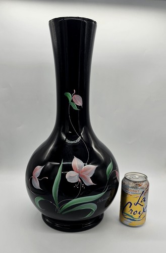 Fenton D. Barbour Signed SAMPLE Huge Hand Painted Floral Black Glass Vase 18"H - Picture 2 of 15