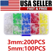 300Pcs 5mm 3mm LED Light Kit Yellow White Blue Red Green Assortment with Case