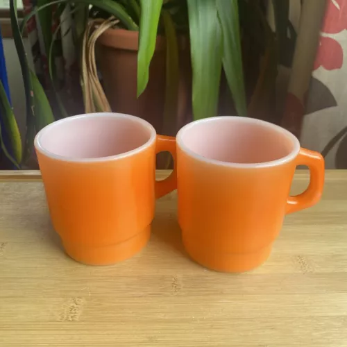 Fire King Anchor Hocking Orange Milk Glass D Handle Mugs Stacking Set of 2