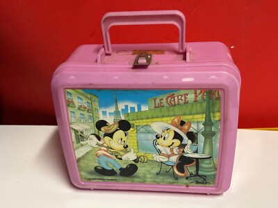 VINTAGE Disney Mickey and Minnie Mouse Le Cafe Paris Lunch Box with Thermos