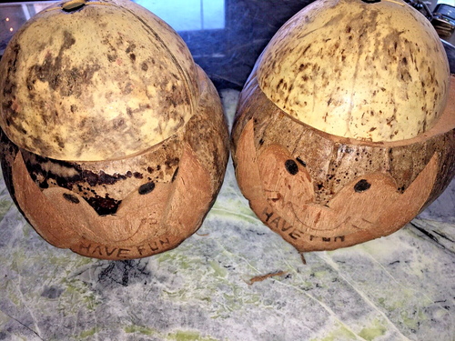 Pair of Hawaiian Coconut Head Tiki Mugs Drinking Cup /Bowl, Bar Keepsake New
