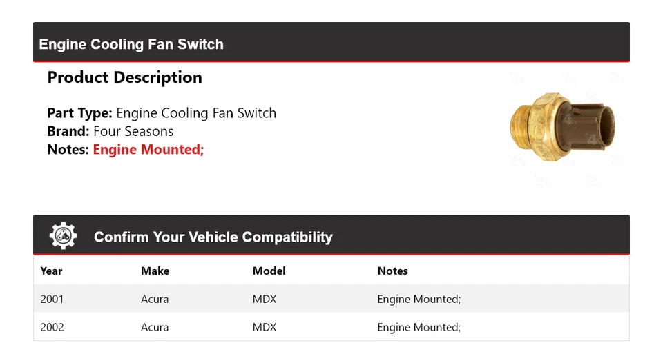 Interruptor de ventilador de refrigeración del motor Acura MDX 2001-2002 4 estaciones Foto 2 de 4