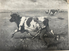 Lithographie Demarquet-Crauk ´Bouvier courant après sa vache & traite