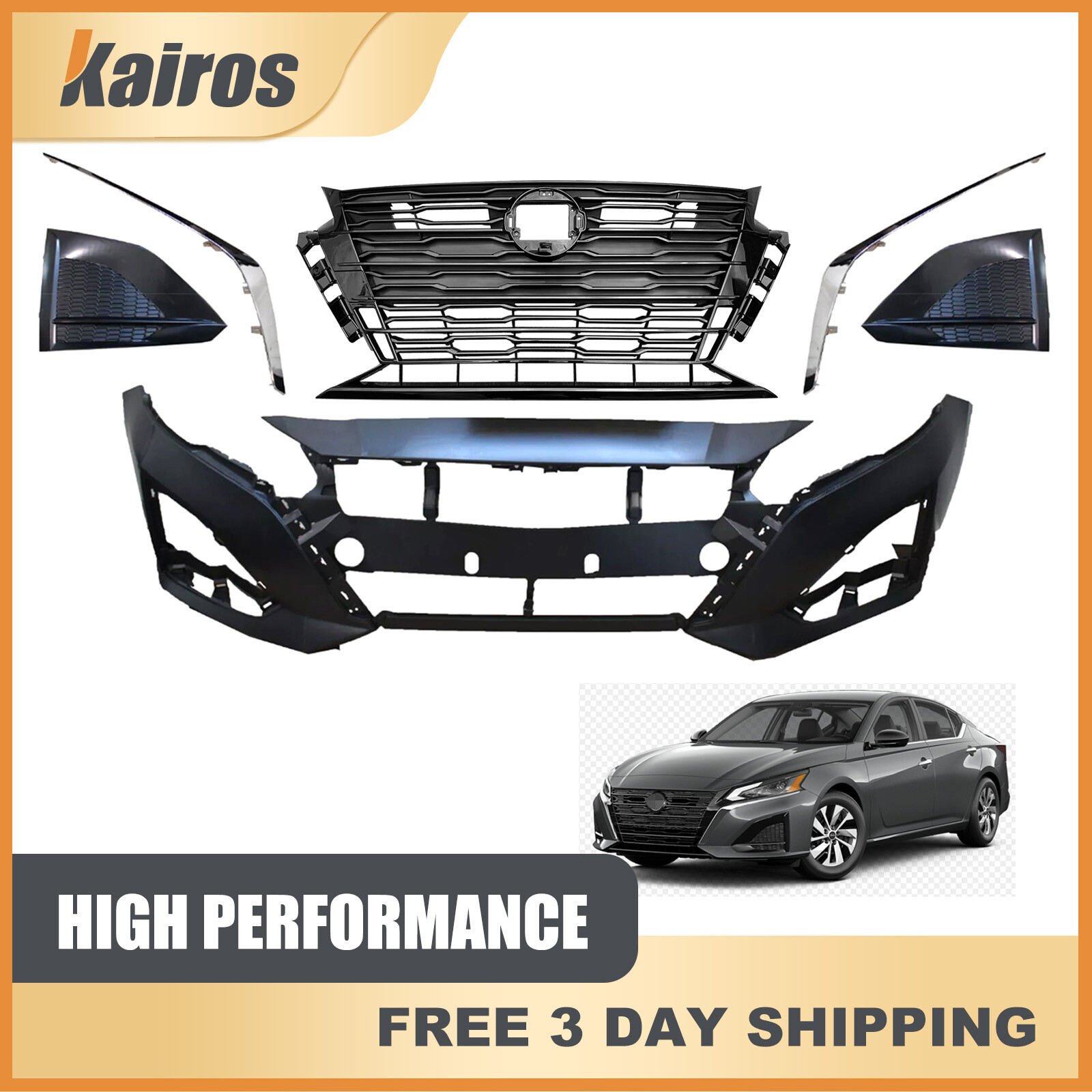 Fits 23-24 Nissan Altima S SL SV Front Bumper Grille W/ Fog Cover Trims Set