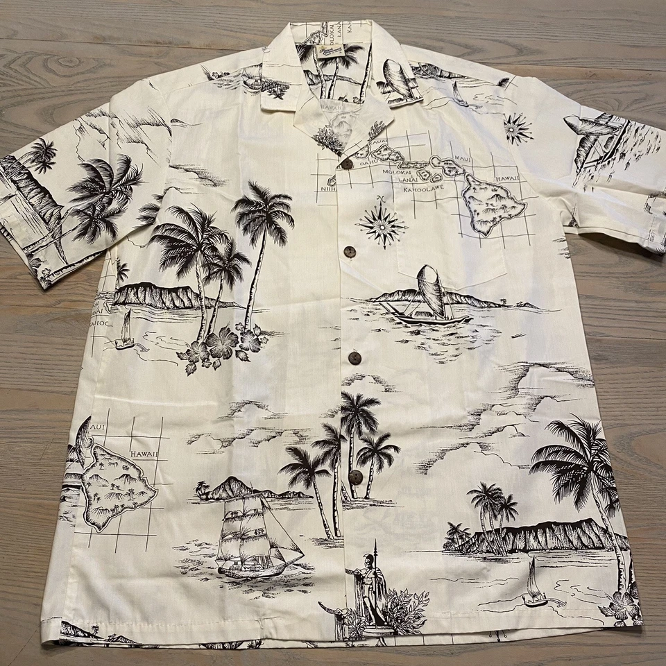 Camisa Hawaiana Royal Creations Para Hombre L Beige Negra Cuadrícula Líneas Mapa Islas Brújula Foto 3 de 4