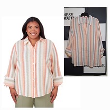 Alfred Dunner Plus Womens Striped Textured Button Down Top Multicolor Sz 1X