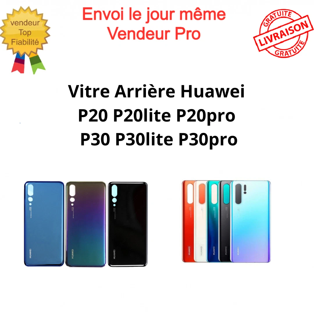 Vitre Arrière (Cache-Batterie) Avec Adhésif Pour Huawei P20 - Noir Avec Logo (Neuf)