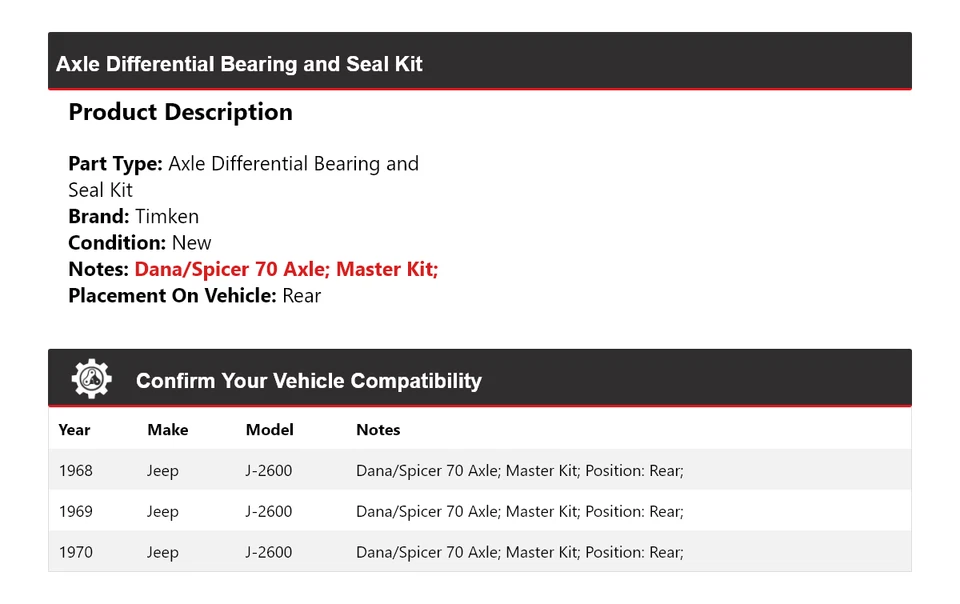 For 1968-1970 Jeep J-2600 Axle Differential Bearing and Seal Kit Rear Timken - Image 2 of 3