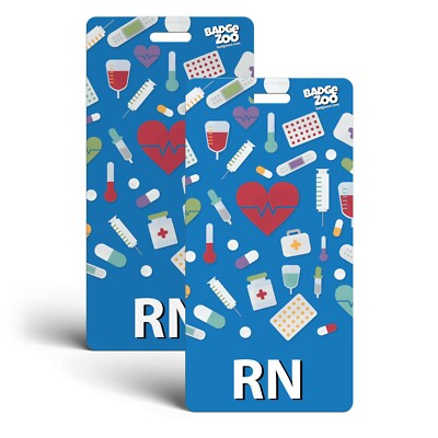RN Badge Buddy - Blue with Medical Icons - Vertical Badge Id Card for Registered