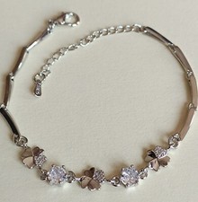 Sterling Silver 925 Clover Diamante Link Bracelet, Adjustable, Womens, UK Seller