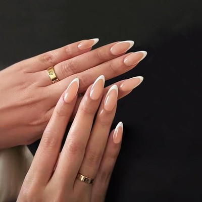 Secret Lives Glossy Reusable Artificial Almond Shape Nude Color with White 24set
