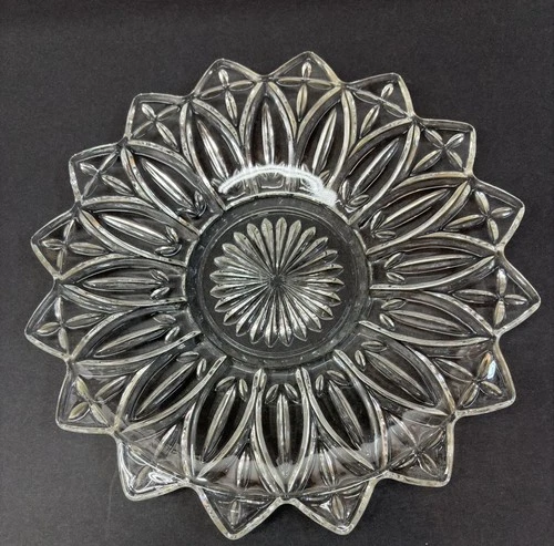 Vintage Federal Glass Sunburst & Petal Clear Pattern Serving Platter MCM 11.5”