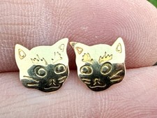 14K Solid Gold Cat Kitty Kitten Etched Stud Earrings- So Cute