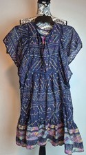 Ecote Urban Outfitters Boho Mini Dress Navy Batik Print Tiered Ruffle Sleeve M