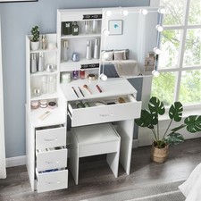 Vanity Desk with Sliding Mirror and 3 Color Lights Dressing Table Makeup Stool