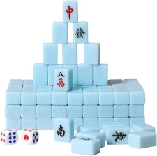 Travel Chinese Mahjong Set (Aqua Blue, 144 Tiles) with Rattan Storage Box and Ta